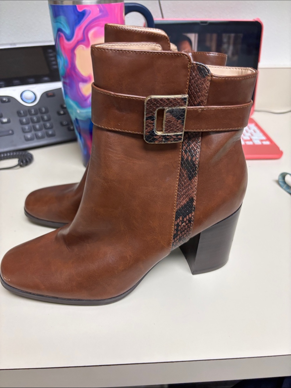 The Limited Brown Leather Ankle Boots with Snakeskin Buckle Strap